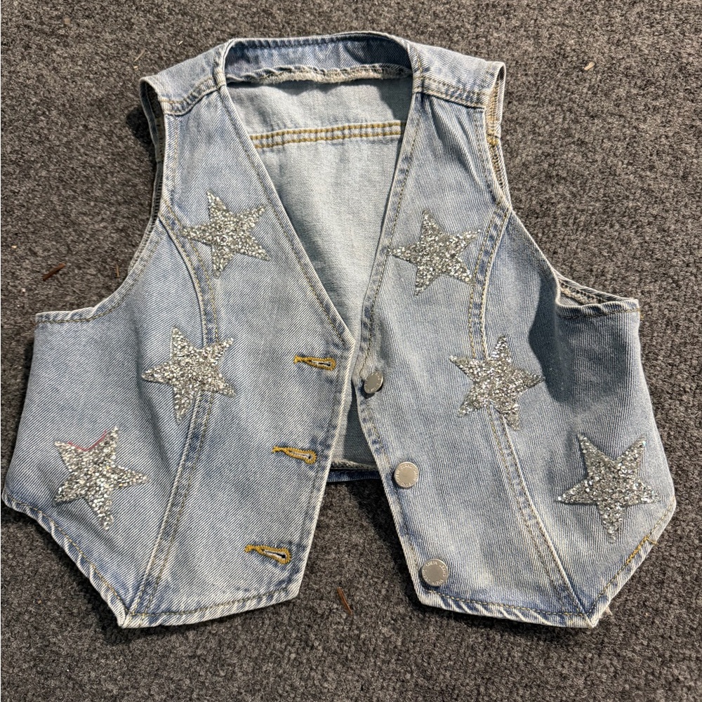 SHEIN Light Blue Denim Vest with Silver Glitter Stars